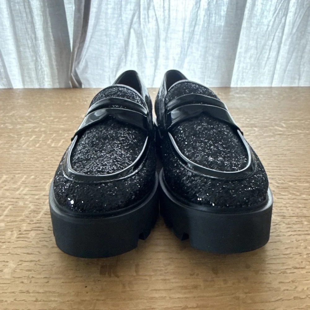 New FRANCO SARTO Bazel Lug Sole Penny Loafer In Black Glitter Size 9